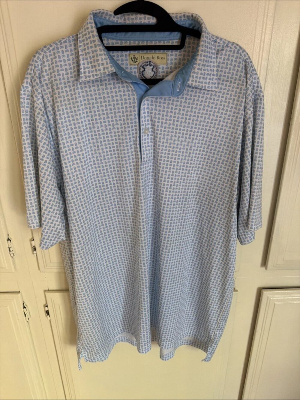 DONALD ROSS Golf Polo Blue & White AOP Pattern Short Sleeve Men’s XL